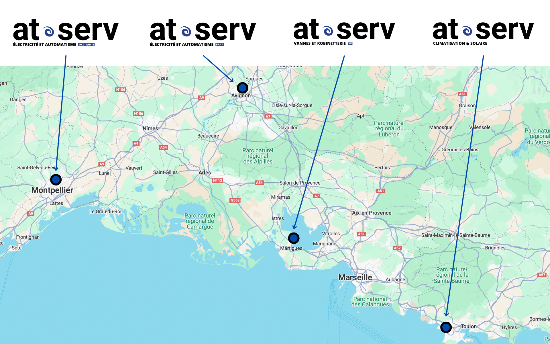 Carte des implantations ATSERV : Prades-le-Lez, Vedène, Châteauneuf-les-Martigues et La Seyne-sur-Mer